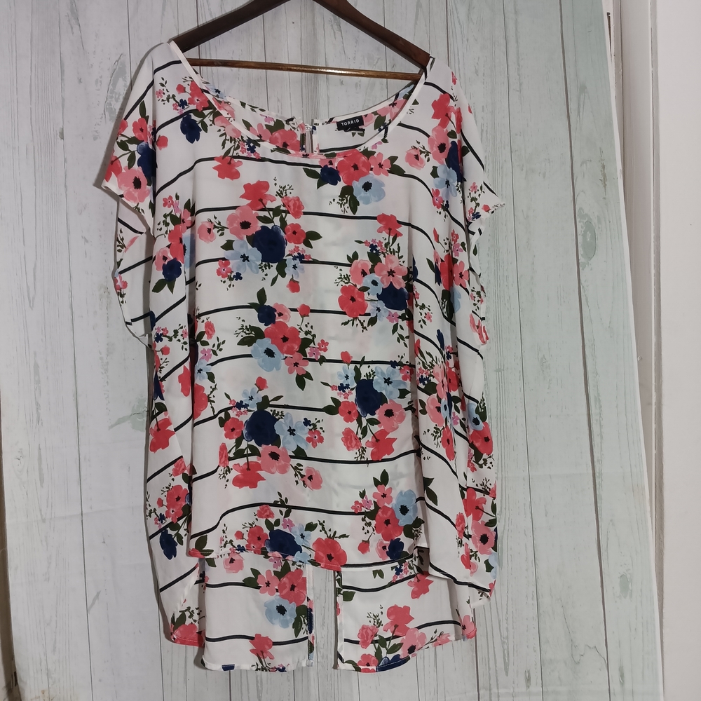 Torrid Floral Striped Blouse - Pink, Blue, White